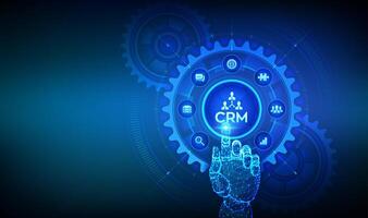 CRM. Customer Relationship Management. Customer service and relationship. Enterprise Communication. Wireframe hand touching digital interface with connected gears cogs and icons. vector