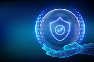 Protection. Cyber security. Network safety. Healthcare. Insurance. Protection shield with Check mark icon inside transparent sphere shield with hexagon pattern in wireframe hand. vector