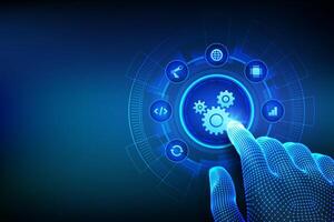 RPA Robotic process automation innovation technology concept. IOT Automation, innovation, improving productivity in business processes. Wireframe hand touching digital interface. vector