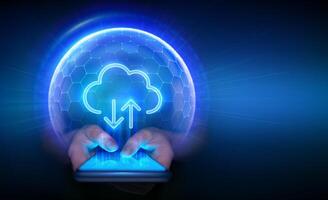 Cloud computing technology concept. Secure cloud storage. Secure data exchange via smartphone. Cloud icon inside transparent protection sphere shield with hexagon pattern. Data protection. vector