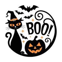 image of cat in black hat and a pumpkin with a scary face is surrounded by bats. The word Boo in a large, bold font. The image conveys a spooky and Halloween themed mood vector