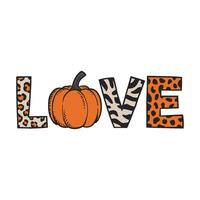 Autumn print of pumpkin and word LOVE with animal texture zebra, tiger, leopard, cheetah vector