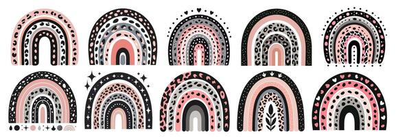 Abstract rainbows with different animal patterns and designs in pink colors on white background vector