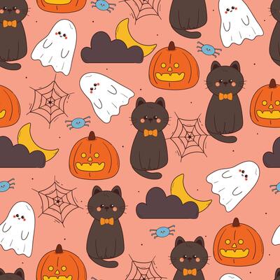 seamless pattern cartoon cat with halloween pumpkin and ghost. cute halloween stuff wallpaper for fabric print, gift wrap paper