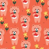 seamless pattern cartoon bear holding red apple. cute autumn vibes wallpaper for fabric print, gift wrap paper vector