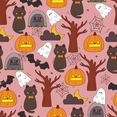 seamless pattern cartoon cat with halloween stuffs. halloween vibes wallpaper for fabric print, gift wrap paper