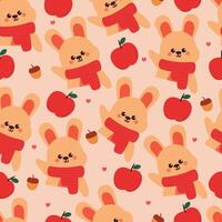 seamless pattern cartoon bunny with red apple and red scarf. cute autumn fall vibes wallpaper for fabric print, gift wrap paper vector