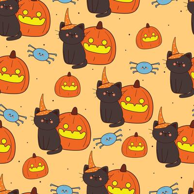 seamless pattern cartoon cat with halloween pumpkin and blue spider. cute halloween wallpaper for fabric print, gift wrap paper