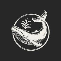 A vintage-style black and white illustration of a leaping humpback whale in a circular frame vector