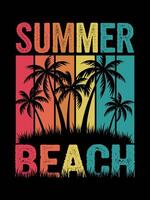 A colorful, retro-style design featuring SUMMER BEACH with palm trees and a sunset background vector