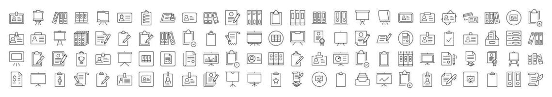 Documents Line Icon Set. Contains Icons of Presentation Board, Clipboard, Contract that Can Be Used for Design of Cards, Posts, Apps, Web Sites vector