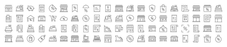 Shopping Line Icon Set. Contains Icons of Store, Receipt, Cash Register that Can Be Used for Design of Cards, Posts, Apps, Web Sites vector