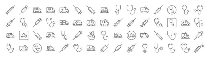 Medicine Related Simple Icon Set. Contains Icons of Ambulance, Stethoscope, Syringe for Banners, Infographics, Books, Articles and Other Types of Design vector