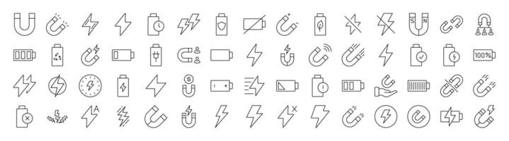 Energy, Battery, Charger Outline Web Line Icons Collection. Editable Stroke. Minimalistic Linear Pictogram for Design of Cards, Apps, Banners, Posts vector