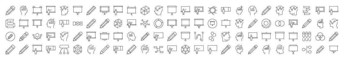 Presentation, Brainstorm, Pencil, Diagram Outline Web Line Icons Collection. Editable Stroke. Minimalistic Linear Pictogram for Design of Cards, Apps, Banners, Posts vector