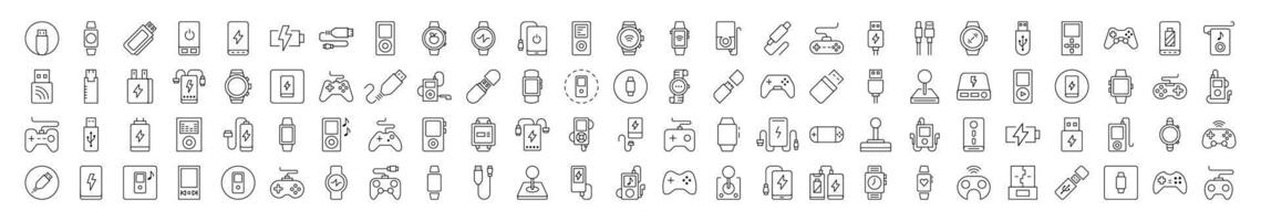 Joystick, Gamepad, Charger, Watch, Flash Card, USB Related Icon Set. Editable Stroke. Suitable for Web Sites, Books, Cards, Apps vector