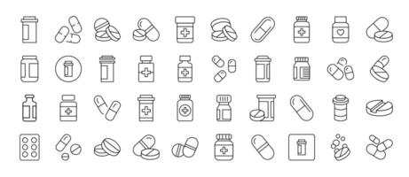 Meds and Treatment Outline Simple Icons Bundle. Contains Icons of Pills that Can Be Used for Design of Cards, Posts, Apps, Web Sites vector