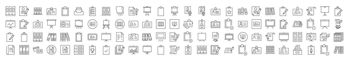 Documents Simple Linear Illustrations. Contains Icons of Presentation Board, Clipboard, Contract that Can Be Used for Design of Cards, Posts, Apps, Web Sites vector
