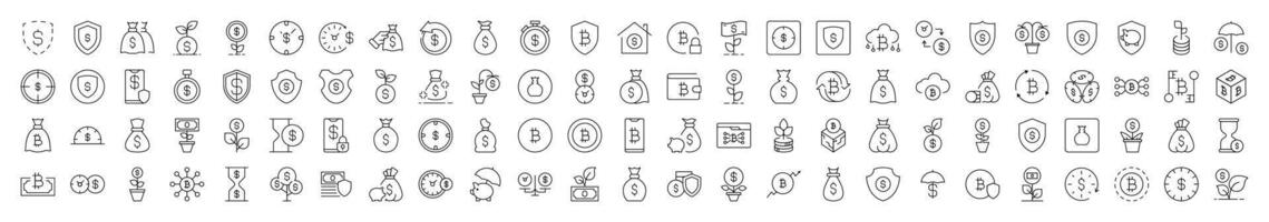 Minimalistic Linear Illustrations of Insurance and Money Savings. Contains Icons of Dollar, Shield, Bag, Wallet that Can Be Used for Design of Cards, Posts, Apps, Web Sites vector