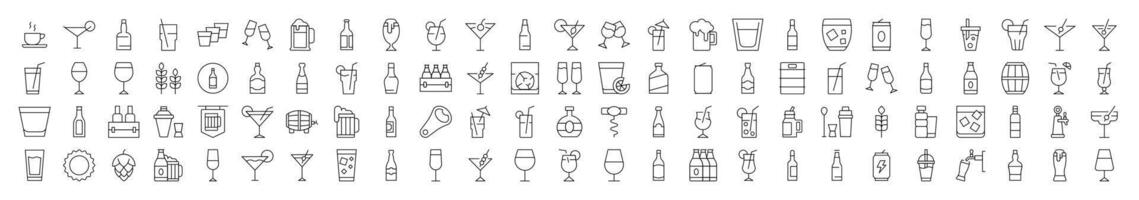 Minimalistic Linear Illustrations of Soft Drinks and Alcohol. Contains Icons of Beer, Cocktail, Bottle that Can Be Used for Design of Cards, Posts, Apps, Web Sites vector