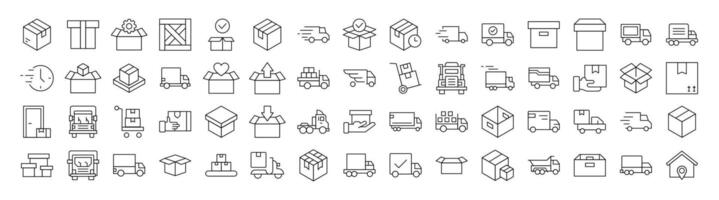 Delivery Line Icon Bundle. Modern Collection for Design, Web Sites, Apps, Cards. Contains Linear Images of Boxes and Vans vector