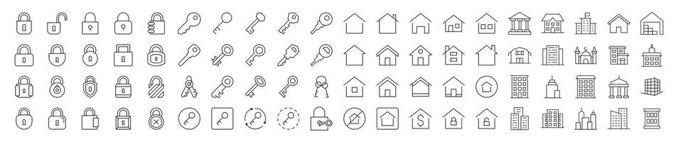 Bundle of Line Icons of House and Real Estate. Editable Stroke. Minimalistic Linear Pictogram for Design of Cards, Apps, Banners, Posts vector