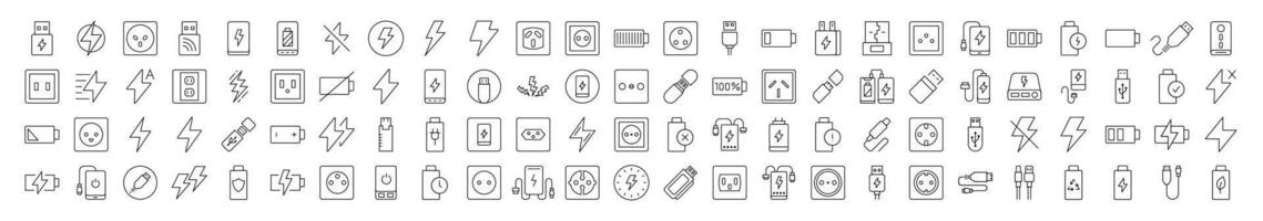 Bundle of Energy Related Line Icons. Editable Stroke for Design, Web Sites, Apps, Cards. Contains Linear Images of Battery, USB Cable, Charger, Outlet vector