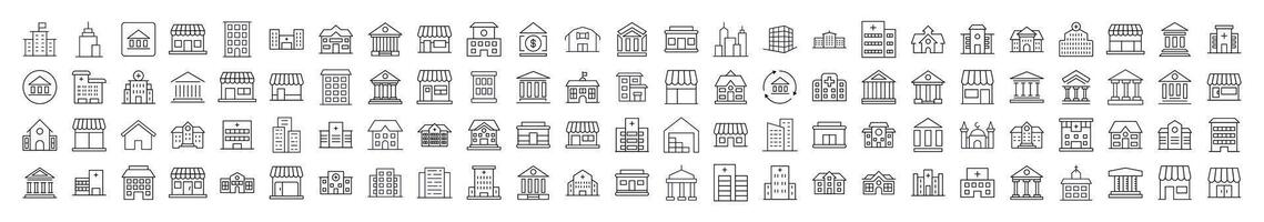 Bundle of Various Houses and Constructions Related Line Icons. Editable Stroke for Design, Web Sites, Apps, Cards. Contains Linear Images of Apartment Buildings, Banks, Stores, Hospitals vector