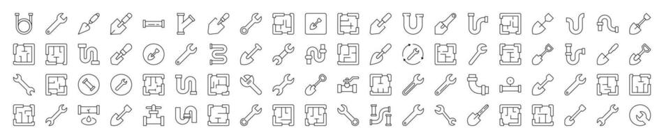 Repair and Renovation Line Icon Set. Modern Collection for Design, Web Sites, Apps, Cards. Contains Linear Images of Floor Plan, Shovel, Spanner, Pipe vector