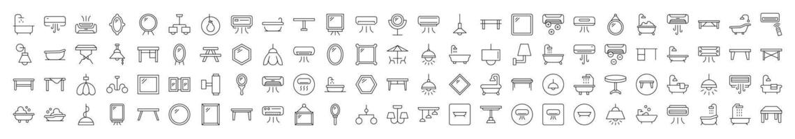 Interior Outline Simple Icons Bundle. Contains Icons of Conditioner, Mirror, Table, Lamp, Chandelier, Bathroom that Can Be Used for Design of Cards, Posts, Apps, Web Sites vector