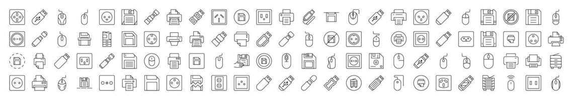 Gadgets Icon Bundle. Contains Icons of Icons of Outlet, Mouse, Memory Card, Printer that Can Be Used for Design of Cards, Posts, Apps, Web Sites vector