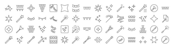 Collection of Holiday Related Line Icons. Editable Stroke for Design, Web Sites, Apps, Cards. Contains Linear Images of Magic Wand, Garlands, Sparkles vector