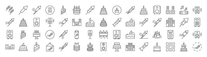Holiday, Party, Fireworks, Cooks and Stereo Line Icon Collection. Editable Stroke. Minimalistic Linear Pictogram for Design of Cards, Apps, Banners, Posts vector