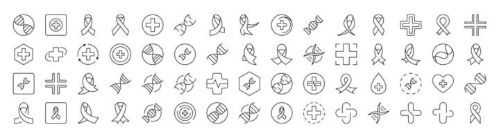 Collection of Icons of Medical Cross, Pink Ribbon, DNA Drawn with Thin Line for apps, web sites, banners, infographics and other types of design vector