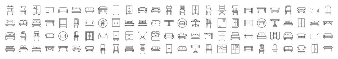 Collection of Line Icons of Couch, Sofa, Table, Chair. Editable Stroke. Minimalistic Linear Pictogram for Design of Cards, Apps, Banners, Posts vector