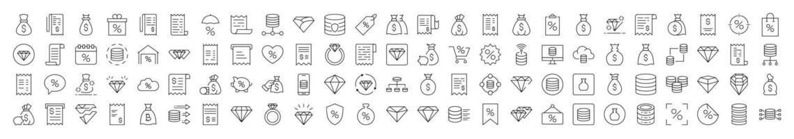 Dollar, Receipt, Diamond, Percent Line Icon Set. Editable Stroke. Minimalistic Linear Pictogram for Design of Cards, Apps, Banners, Posts vector