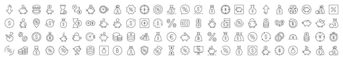 Bundle of Line Icons of Piggy Bank, Dollar, Coin, Percent. Editable Stroke. Minimalistic Linear Pictogram for Design of Cards, Apps, Banners, Posts vector