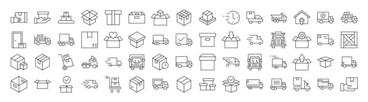 Delivery Line Icon Pack. Modern Collection for Design, Web Sites, Apps, Cards. Contains Linear Images of Boxes and Vans vector