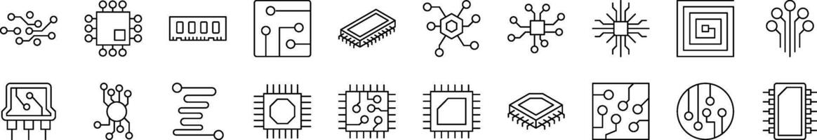 Chip and Scheme Outline Web Line Icons Collection. Editable Stroke. Minimalistic Linear Pictogram for Design of Cards, Apps, Banners, Posts vector