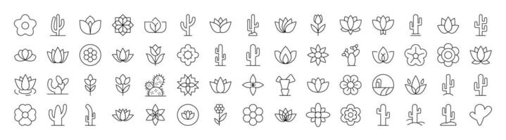 Flower Line Icon Bundle. Modern Collection for Design, Web Sites, Apps, Cards. Contains Linear Images of Plants with Petals and Cactuses vector