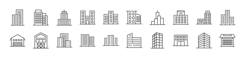 Pack of Line Icons of Building. Editable Stroke. Minimalistic Linear Pictogram for Design of Cards, Apps, Banners, Posts vector
