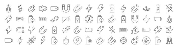 Collection of Line Icons of Energy, Battery, Charger. Editable Stroke. Minimalistic Linear Pictogram for Design of Cards, Apps, Banners, Posts vector