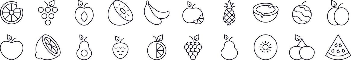 Bundle of Line Icons of Watermelon, Coconut, Grape and Other Fruits. Editable Stroke. Minimalistic Linear Pictogram for Design of Cards, Apps, Banners, Posts vector
