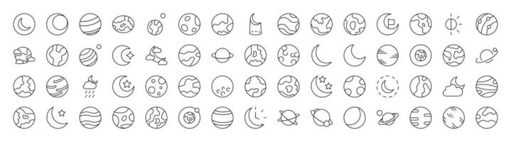 Space Line Icon Set. Modern Collection for Design, Web Sites, Apps, Cards. Contains Linear Images of Various Planets vector