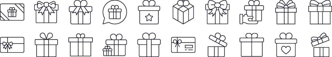 Bundle of Line Icons of Giftbox, Box for Present. Editable Stroke. Minimalistic Linear Pictogram for Design of Cards, Apps, Banners, Posts vector