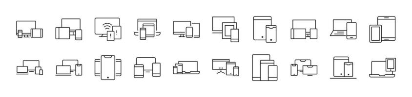 Computer, Laptop, Tablet Outline Web Line Icons Collection. Editable Stroke. Minimalistic Linear Pictogram for Design of Cards, Apps, Banners, Posts vector
