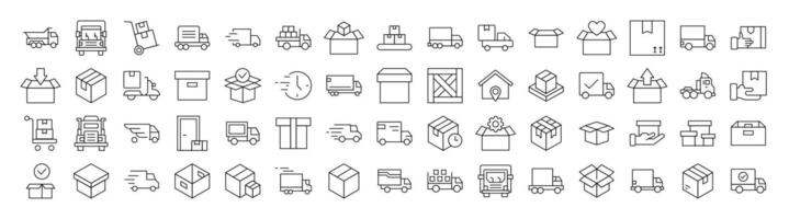 Pack of Delivery Related Line Icons. Editable Stroke for Design, Web Sites, Apps, Cards. Contains Linear Images of Boxes and Vans vector