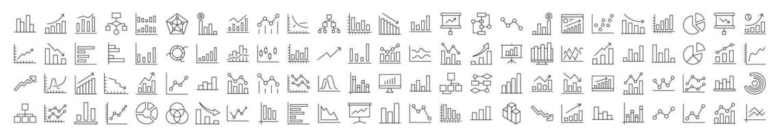 Bundle of Line Icons of Progress Bar, Diagram, Statistics. Editable Stroke. Minimalistic Linear Pictogram for Design of Cards, Apps, Banners, Posts vector