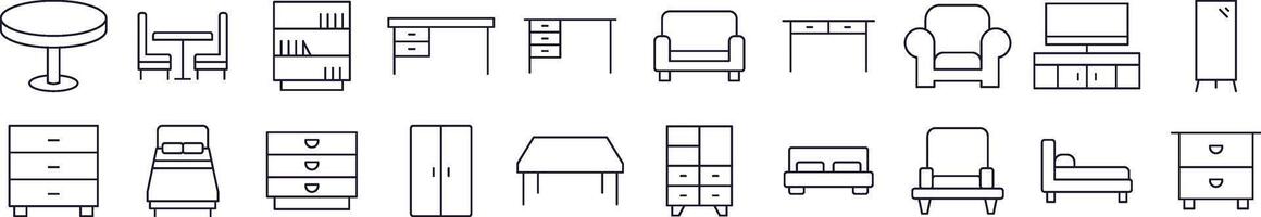 Table, Closet, Mirror, Chair and Table Outline Web Line Icons Collection. Editable Stroke. Minimalistic Linear Pictogram for Design of Cards, Apps, Banners, Posts vector