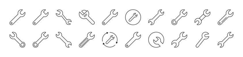 Wrench Outline Web Line Icons Collection. Editable Stroke. Minimalistic Linear Pictogram for Design of Cards, Apps, Banners, Posts vector